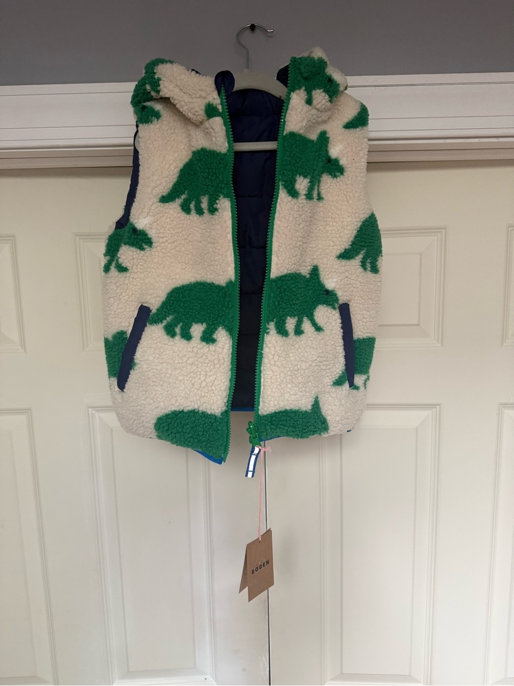 Mini Boden 5-6Y Reversible Hooded Dinosaur Vest with Green Triceratops